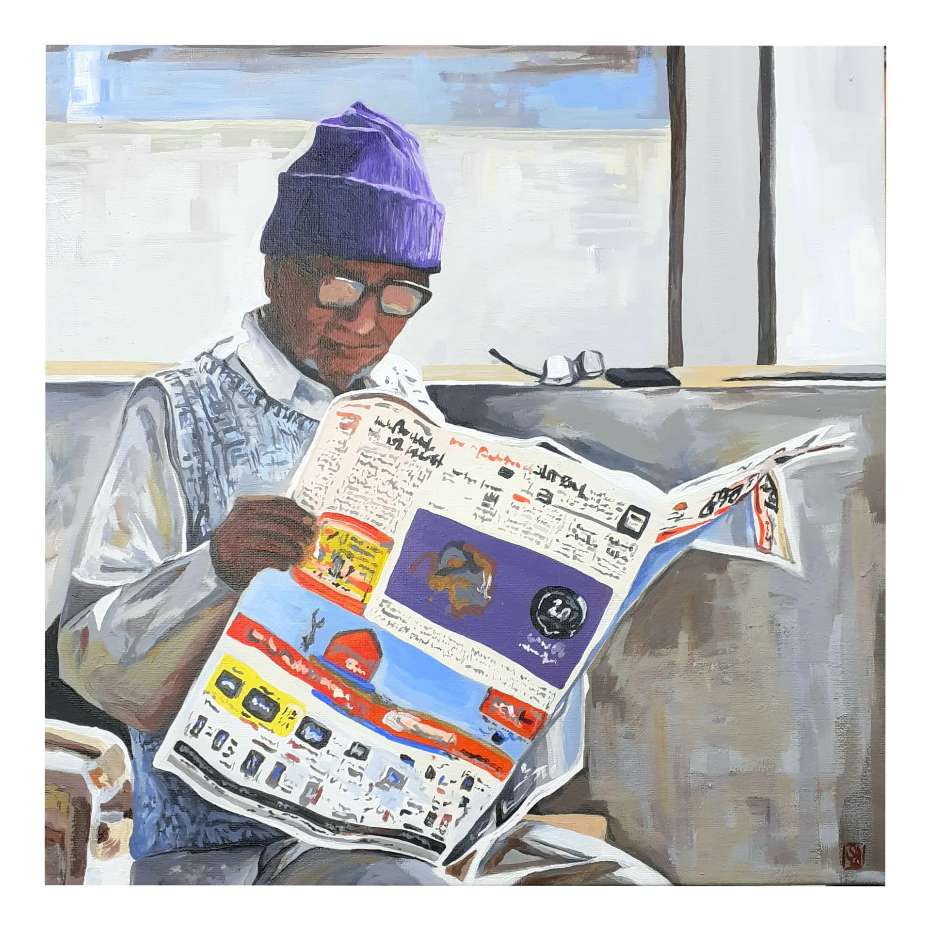 L'uomo e il giornale, 2020, Acrilico su tela, 40 × 40 cm — Sara Longhi